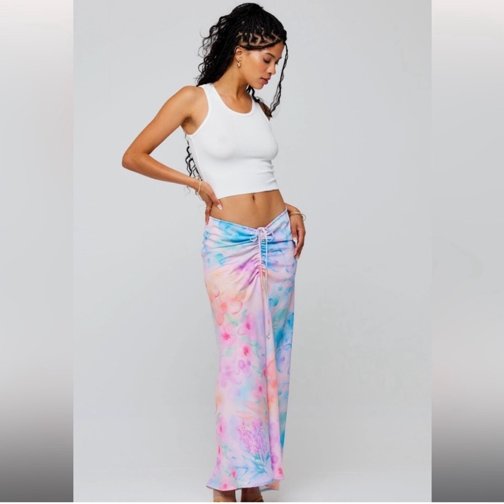 RESA Pastel Tie-Dye Ruched Drawstring Maxi Skirt